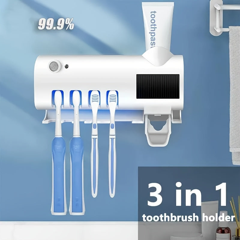 UV Sterilizing Toothbrush Holder with Toothpaste Dispenser, Wall-Mounted, Intelligent Disinfection, Bathroom Accessories, No-Drill Installation.