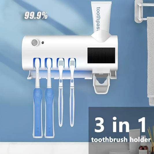 UV Sterilizing Toothbrush Holder with Toothpaste Dispenser, Wall-Mounted, Intelligent Disinfection, Bathroom Accessories, No-Drill Installation.