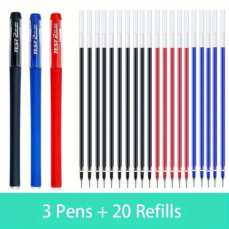 Set of gel pens in black, blue, and red with 0.5mm bullet tips for school and office supplies, kawaii stationery accessories.