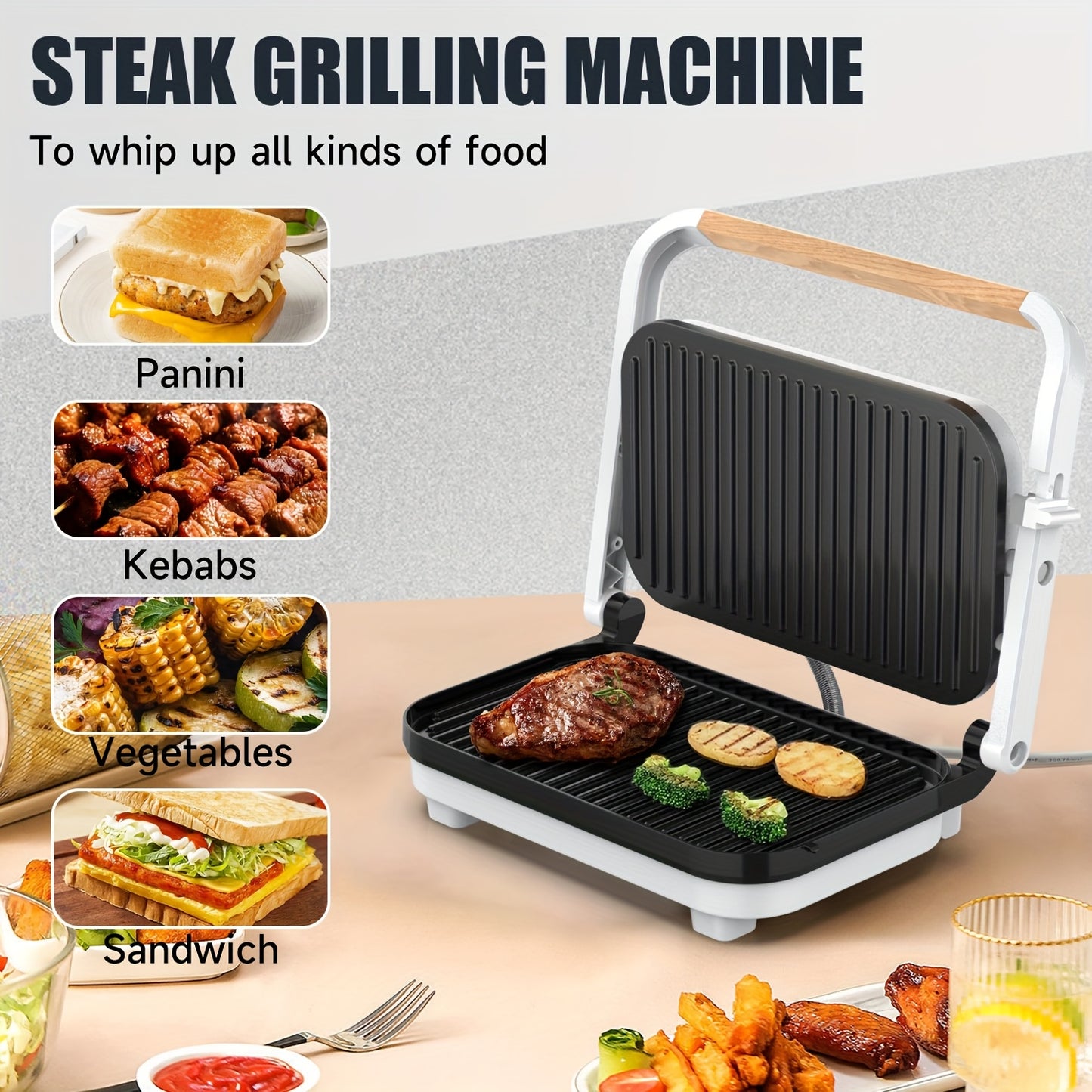 Single electric indoor grill with nonstick grids, locking lid, and 1100-1300W power for various dishes