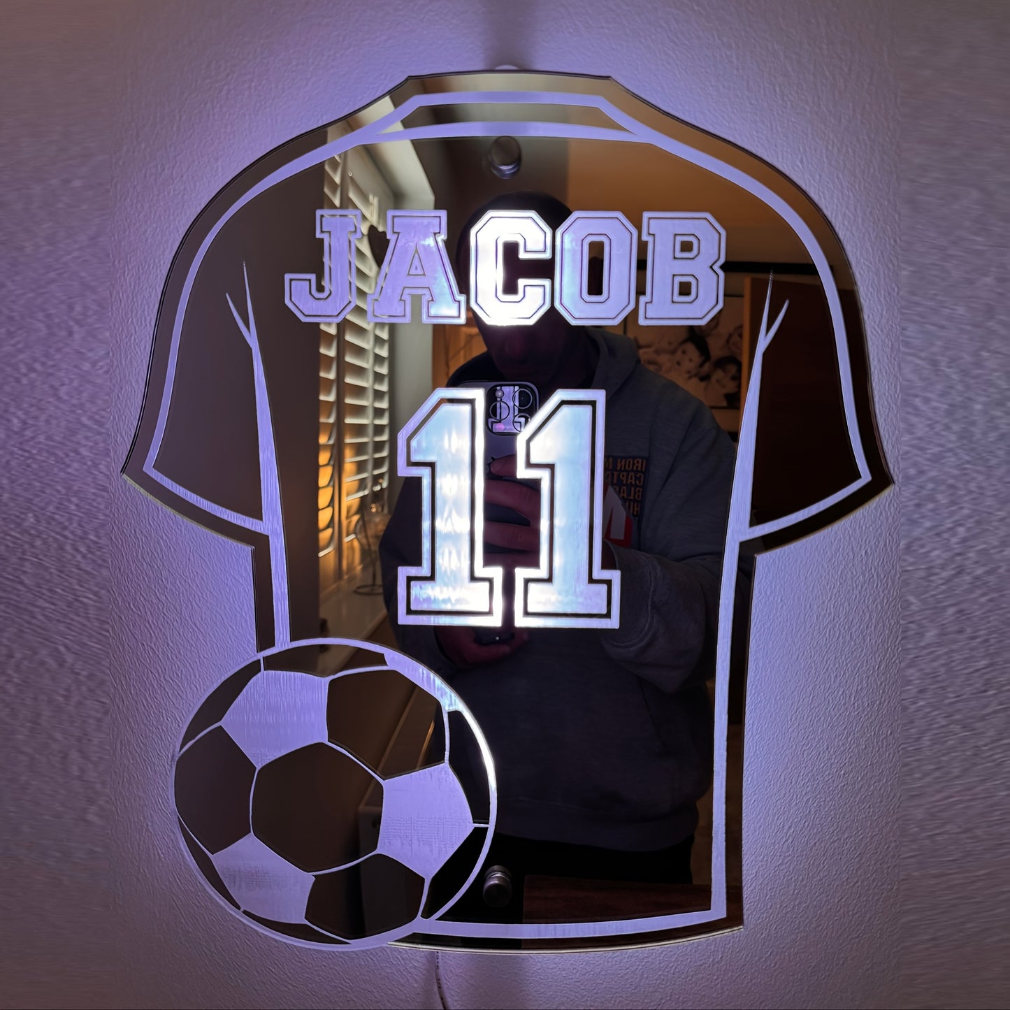 Personalized soccer fan LED wall light with custom name and jersey design, USB powered, multi-color neon night light for boys' room. Great gift for Christmas, Halloween, birthdays.