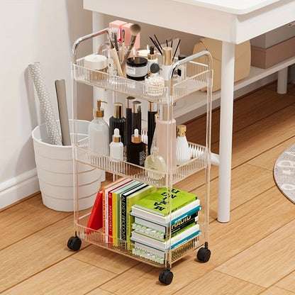 3-Tier rolling storage cart with easy assembly, durable acrylic organizer for snacks, beauty, and personal care products. Ideal for bathroom, office, and laundry room.