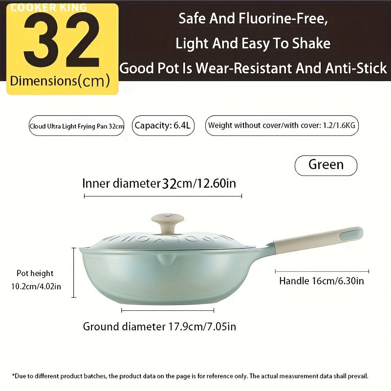 The Cooker King Nonstick Ceramic Saute Pan is available in 28, 30, and 32cm sizes. This healthy jumbo cooker is induction compatible and free of PFOA and PFAS. It comes with a lid and features a non-toxic, deep frying skillet design. The stay cool handle