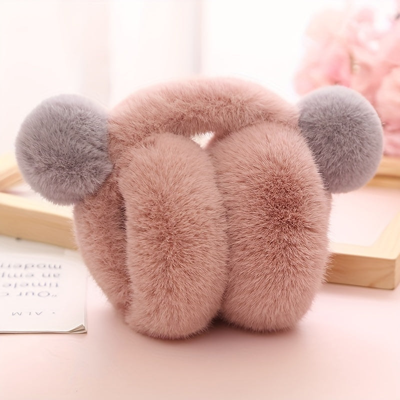 Women's Winter Outdoor Foldable Faux Fur Ear Warmers with Cute Pom Pom Plush Earmuffs in Solid Block Design