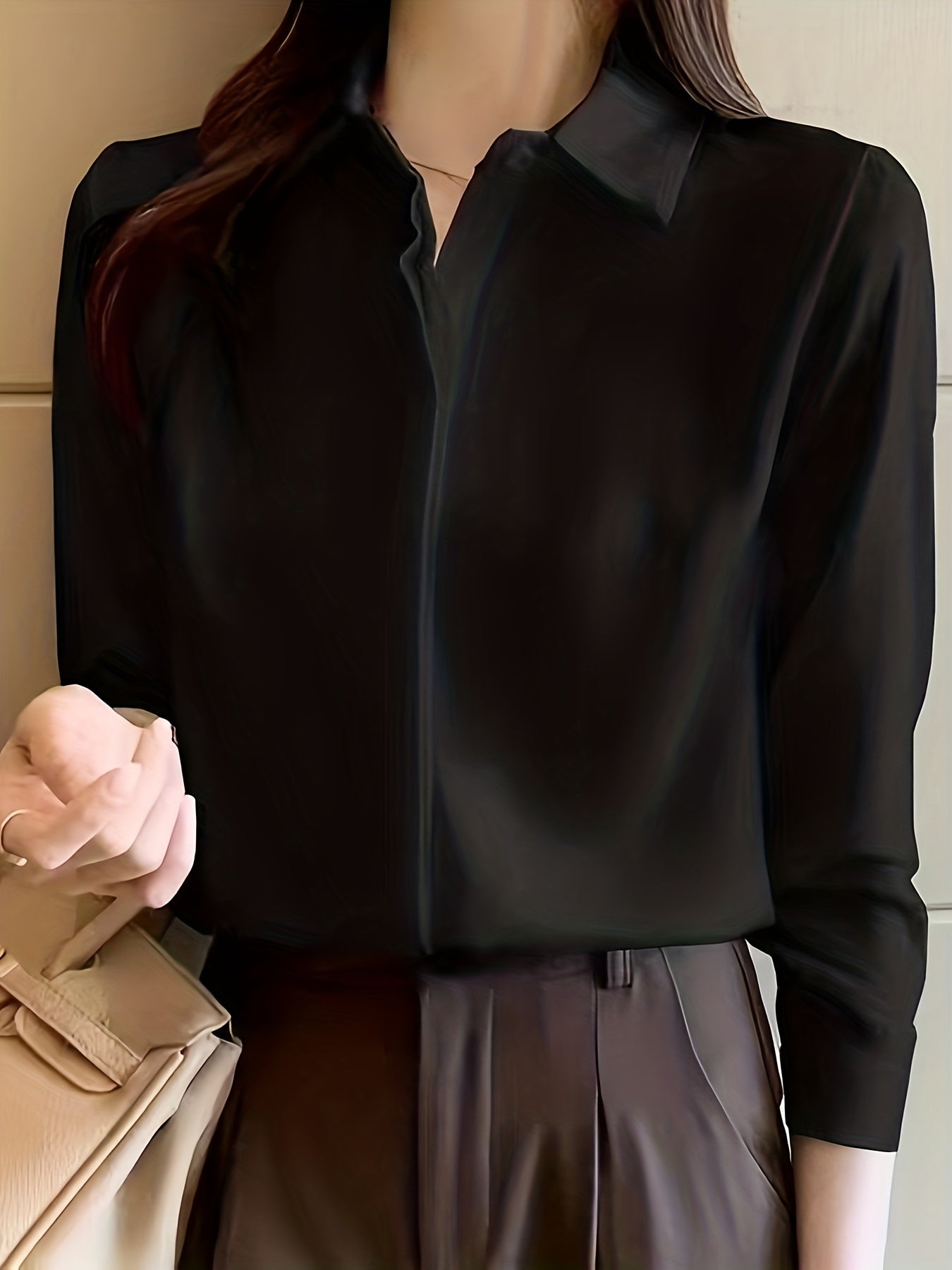 Women's 100% polyester long sleeve blouse in solid color, lapel collar, non-stretch woven fabric with placket. Sexy and professional style, anti-wrinkle, suitable for spring/summer/fall.