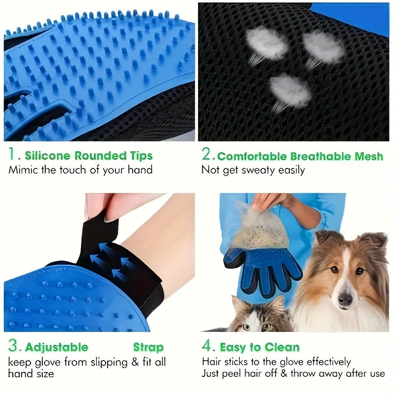 1pc Pet Grooming Gloves - Gentle Deshedding Brush for Dogs & Cats, Easy to Clean, Five Finger Design, Ideal for Long & Short Fur, Blue Silicone, Dog Grooming