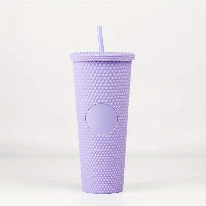 1pc studded cup with lid and straw, 24oz matte cups, BPA-free tumbler, shiny plastic water cup, double-layer water bottle, reusable vent cup, drinkware, home kitchen items, birthday gift