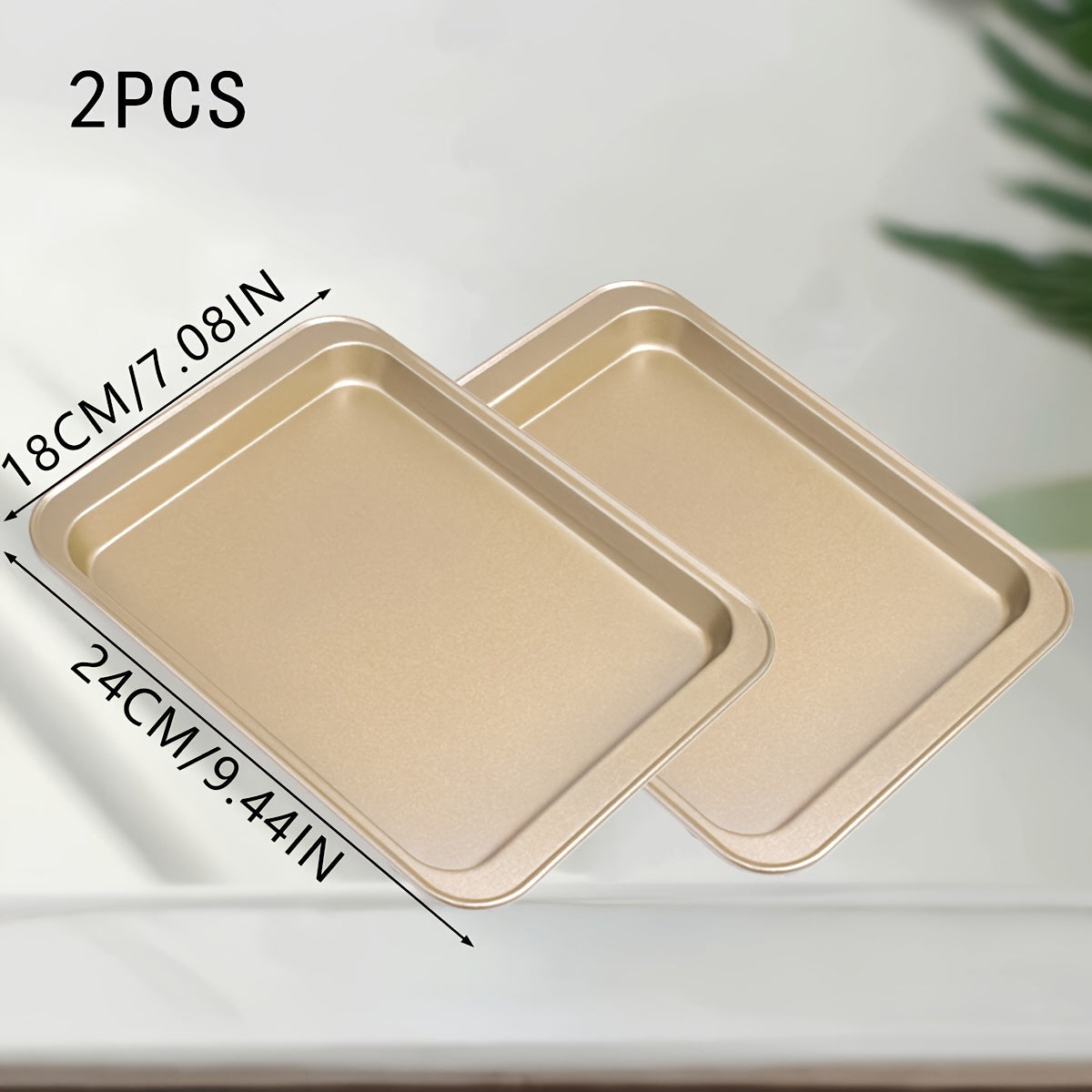 Golden rectangular non-stick baking pans, set of 1 or 2, for bread, cake, pizza, cookies, eclair, toast, and more. Made of food-grade materials.