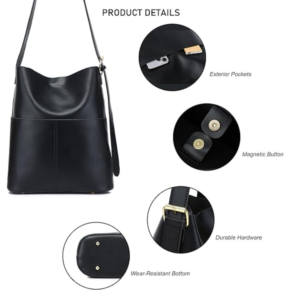 Large black designer tote bag for women with polyurethane lining, magnetic closure, and solid color