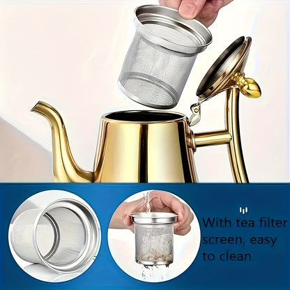 Stainless steel coffee maker with strainer in 1L, 1.5L, and 2L sizes, ideal for home and restaurant use. Made with heat-resistant 304 stainless steel material, includes removable tea