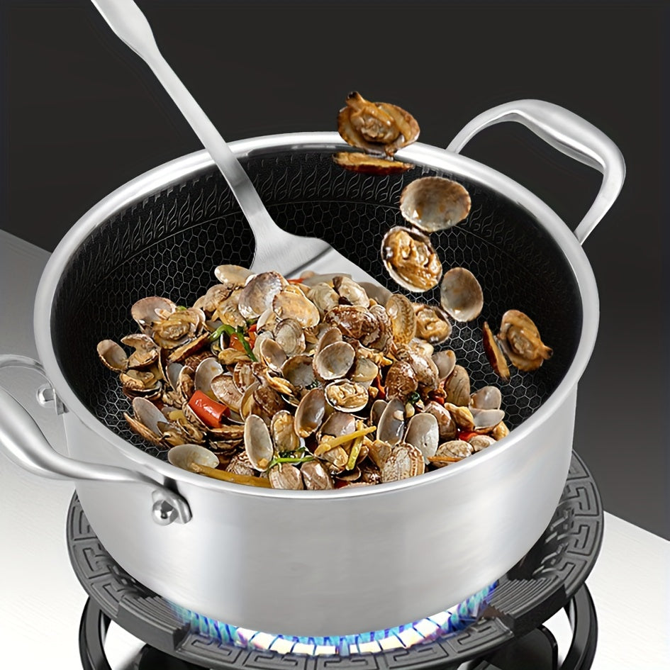 Multi-functional soup pot with lid that is non-stick and suitable for induction cooktops, making it ideal for both home and professional kitchen use on any type of stove.