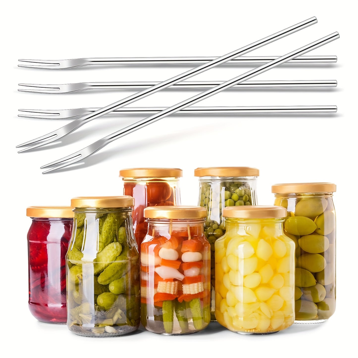 Stainless steel forks for serving and picking up pickles and olives.