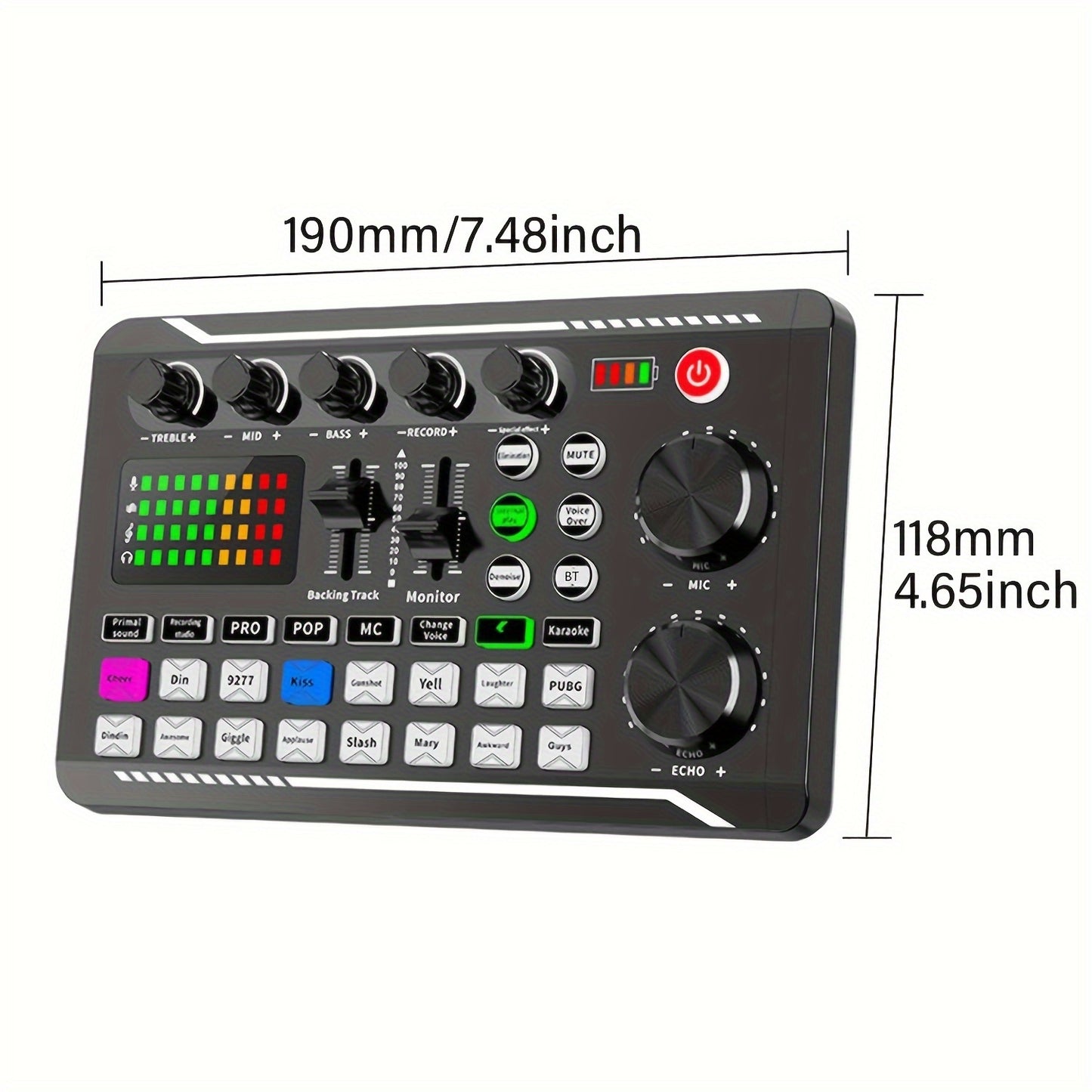 Live sound card mixer with USB charging, volume control, and battery indicator for various uses, including karaoke and video conferencing, Eid Al-Adha Mubarak!