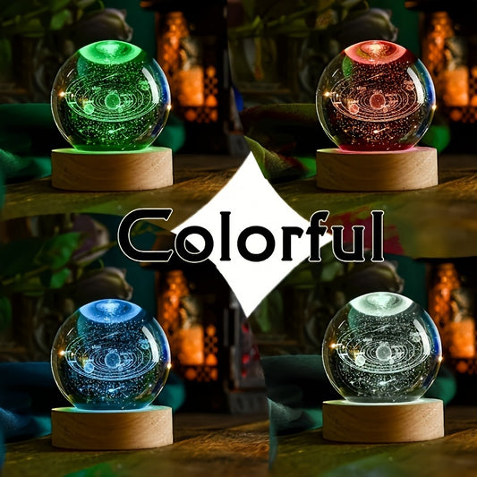 3D Solar System crystal ball light with multicolor LED base, USB powered. Great tabletop decoration for space enthusiasts. Engraved planetary model, ideal gift for physics enthusiasts - 6cm.