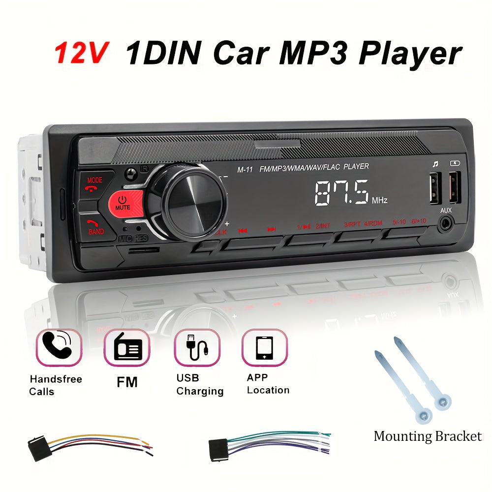 1DIN 12V Car MP3 player with remote control, handsfree calls, subwoofer, FM radio, USB/SD/AUX-IN, voice control, USB charging, and app remote control.