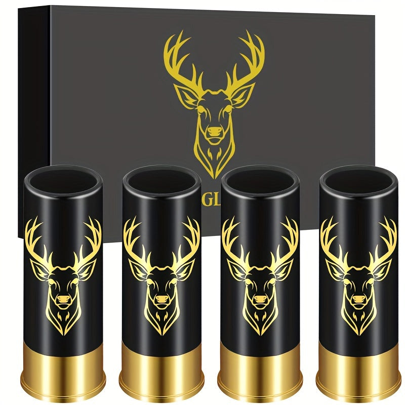 4 Elk Head Pattern Shot Cups, Bullet Shaped Shot Glass for Bars, Clubs, Restaurants, or Home use.