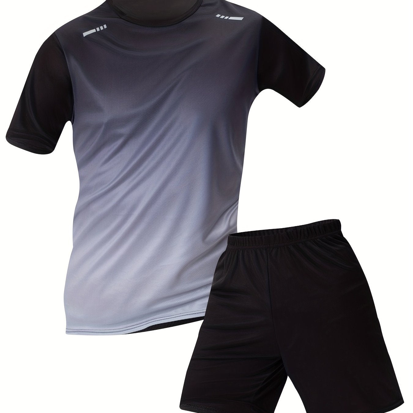 Men's 2-piece sportswear set with short sleeve top and shorts in gradient color, breathable and quick dry, regular fit.