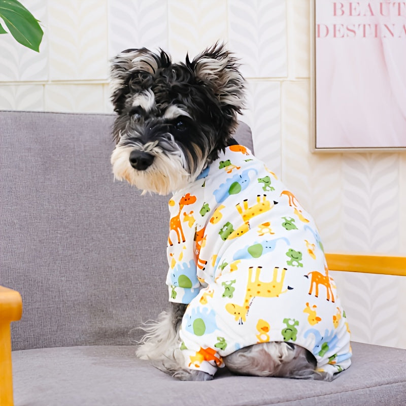 Cute dog pajamas with cartoon animal print, cozy polyester knit for small breeds, easy pullover style.