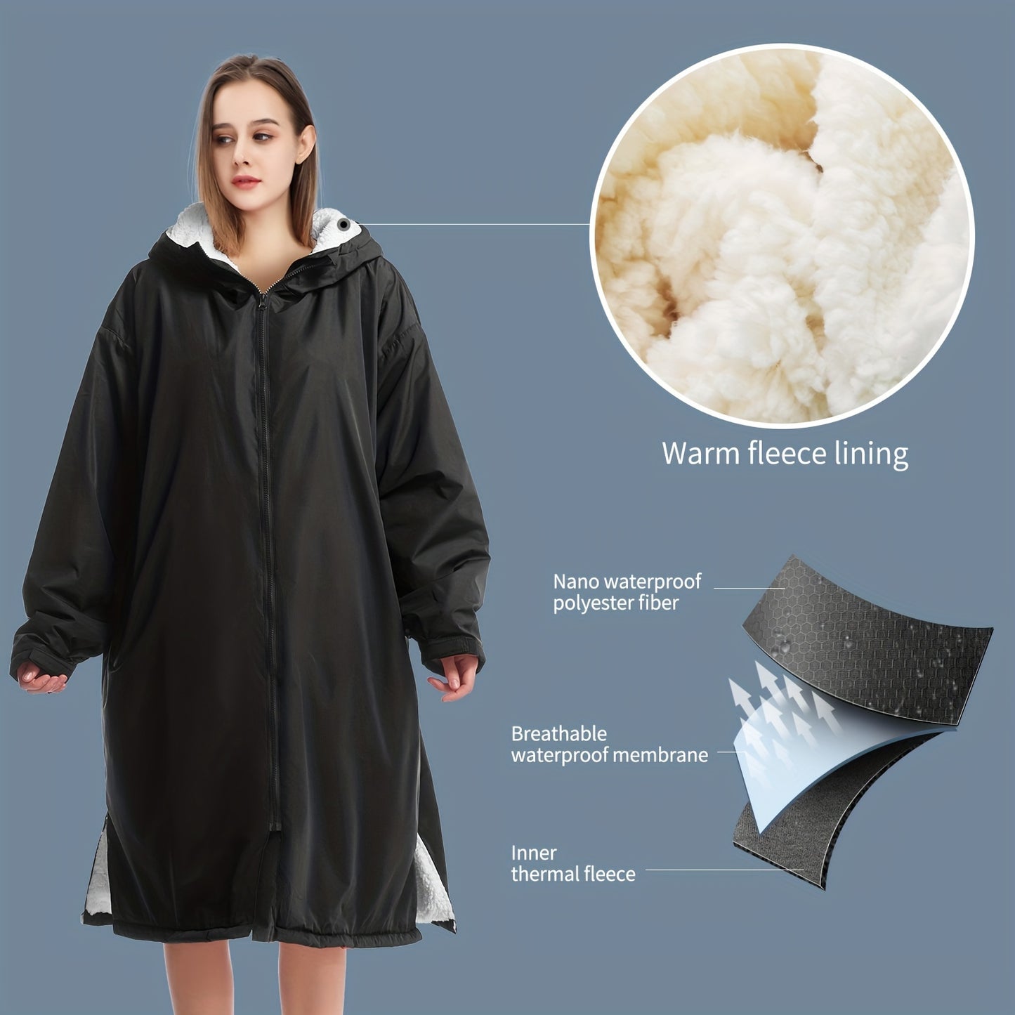 Waterproof, windproof unisex changing robe with fleece lining and hood for home, surfing, diving, camping, and hiking.