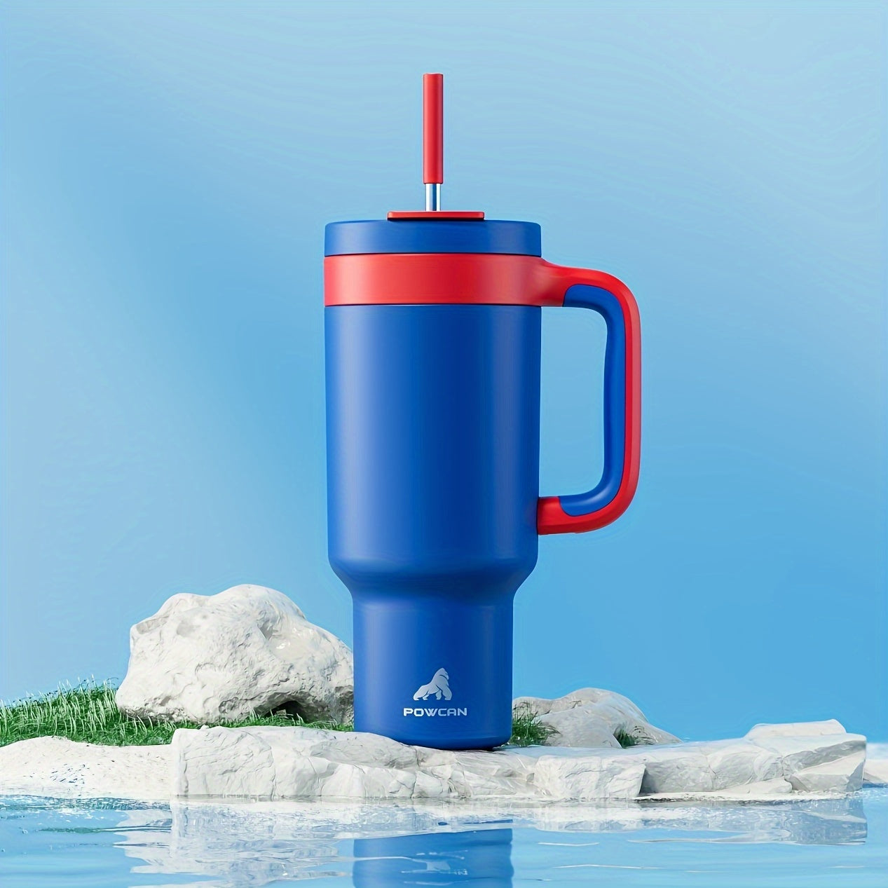 Stainless steel tumbler with lid and straw, 40oz capacity keeps drinks cold for 34 hours or hot for 10 hours. Suitable for outdoor activities.