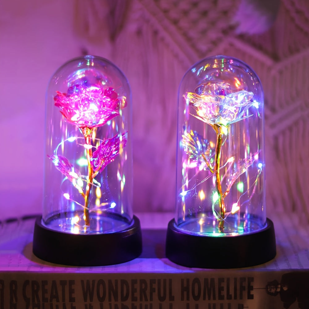 Battery-operated LED flower night light with rose pattern, plastic shade, non-rechargeable button batteries. Perfect for bedroom decor or romantic gifts.