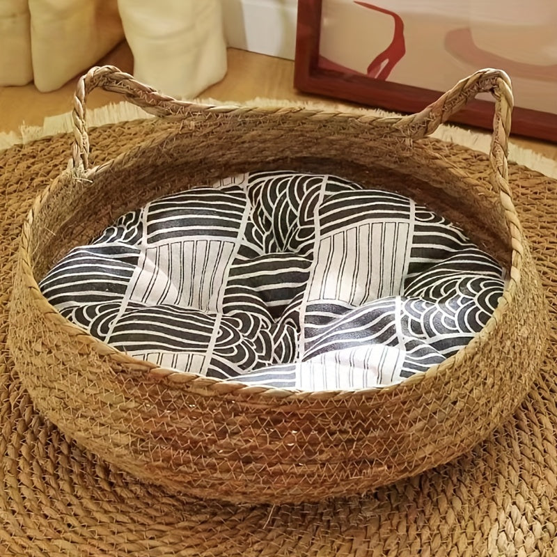 Pair of cozy cat beds made of linen rattan with breathable polyester fill, perfect for all seasons and easy to carry with handles.