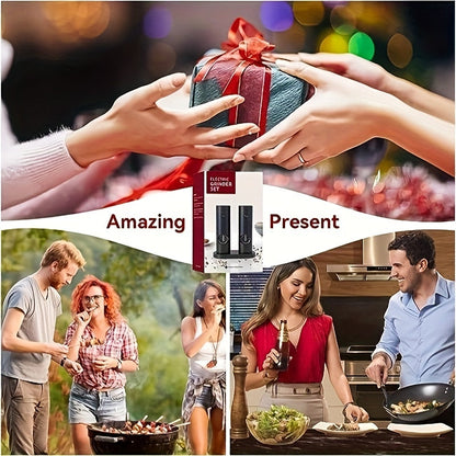 The YumiPLUS Electric Salt & Pepper Grinder Set features automatic operation, adjustable coarseness, and convenient one-handed use. This stylish set also includes an LED light, decorative base, and runs on AAA batteries.