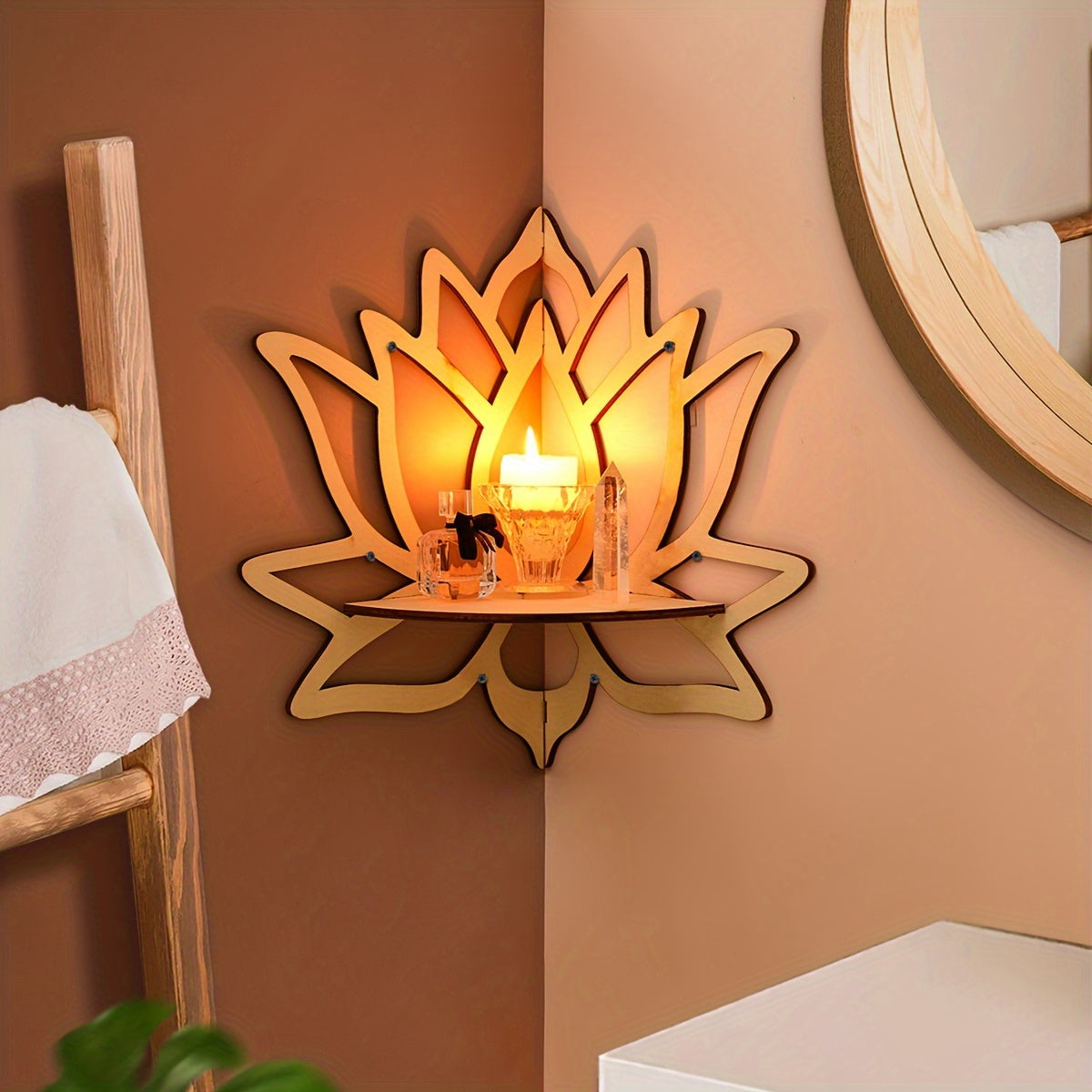 Creative lotus-shaped rack for wall display, hand-assembled wooden storage shelf for home decor. (Nails not included)