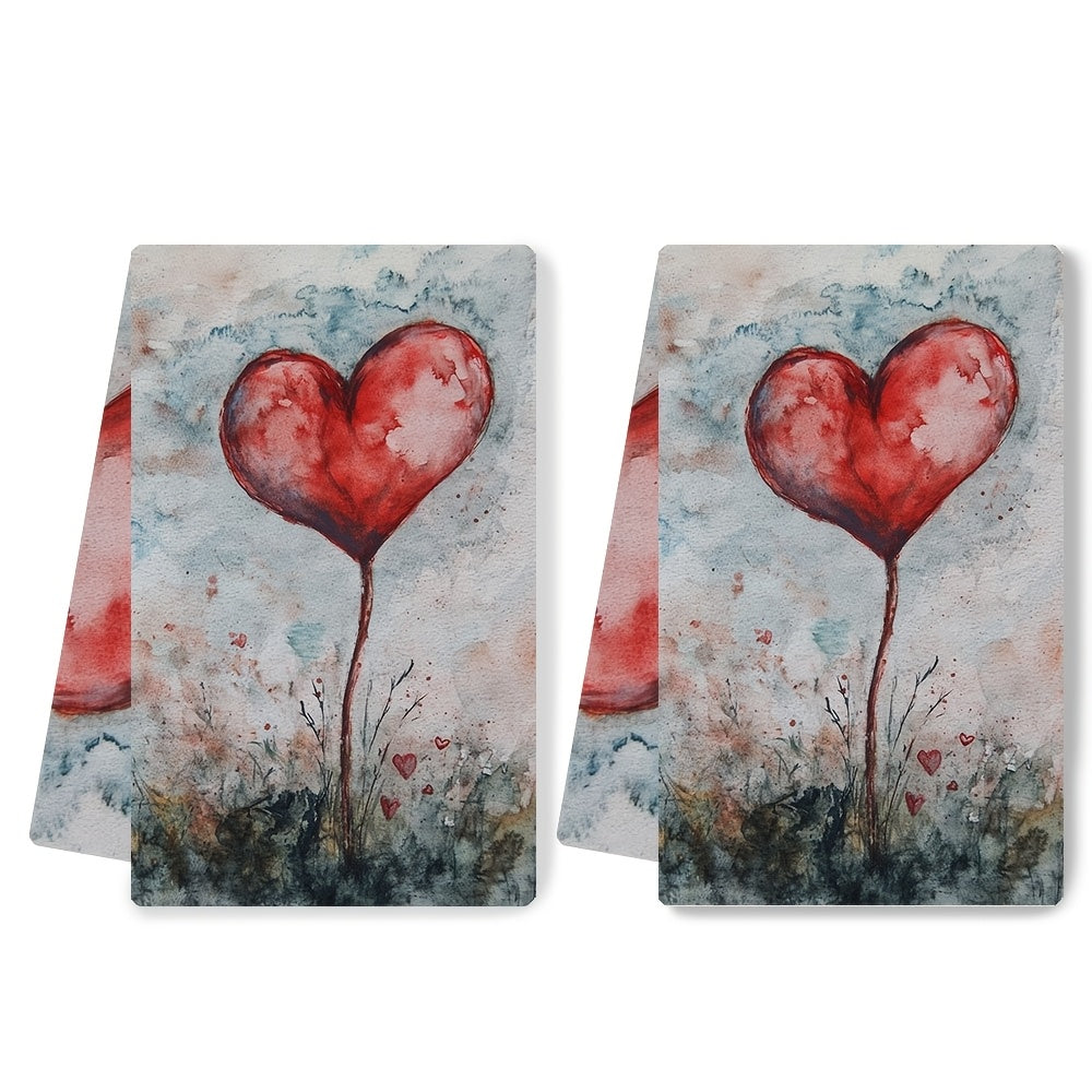 Valentine's Day Kitchen Towels Set of 2, Modern Coastal Design, High Absorbency Polyester Knit Material, Easy to Clean in Washing Machine, 40.64x60.96 cm, Stylish Hand Towels for Holiday Decoration - Item Number 2KYSYS1217736