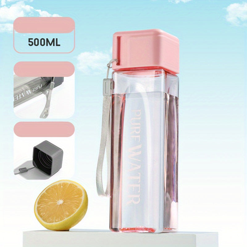 500ml leak-proof and heat-resistant square water bottle, durable plastic with carry strap, ideal for camping, hiking, and outdoor activities in white. Perfect camping accessory.