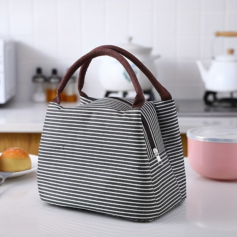 Trendy Insulated Lunch Tote with Striped Design - Made from Sturdy Oxford Cloth, Features Easy-to-Clean Aluminum Foil Lining, Large and Light for Work, Picnics, and Camping