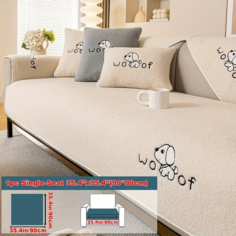 Soft Sherpa sofa cover, pet-friendly, non-slip, machine washable.