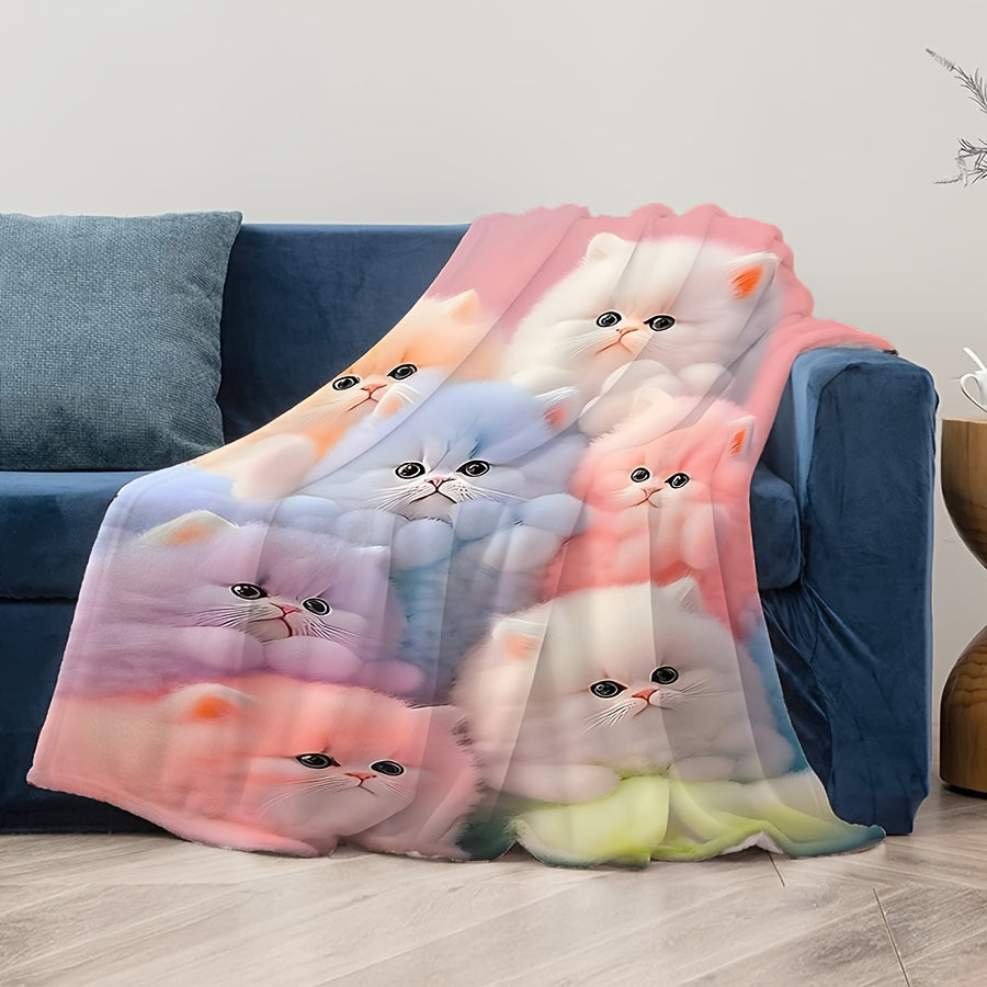 Contemporary geometric-patterned flannel throw blanket featuring a cute cat design - Easy to care for with machine washable and stain-resistant properties. Versatile knit fabric makes it ideal for all seasons, perfect for office, home, or travel. Soft