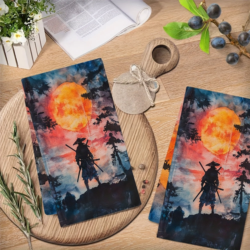 Set of 2 Ultra Soft Kitchen Towels featuring Sunset Samurai Design, Perfect for Drying Dishes - Highly Absorbent & Easy to Clean, Size 40.64x60.96 cm - Vibrant Japanese-Inspired Decor for Home & Kitchen, Dish Hand Towels