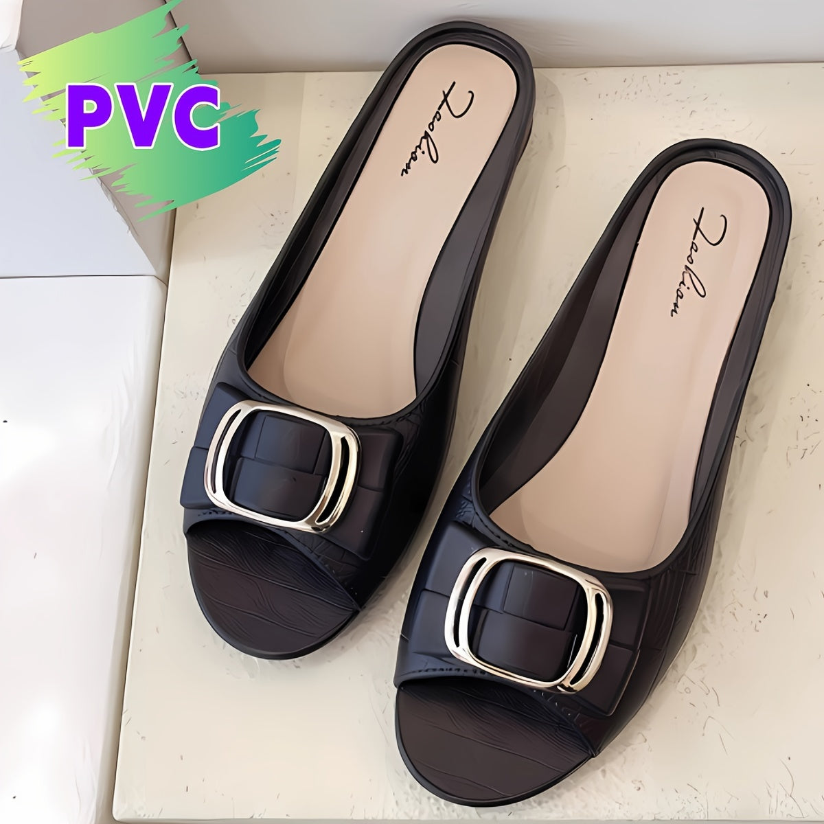 Summer PVC slide sandals for women in chic black with a golden buckle, open toe, and soft non-slip sole for comfortable walking. Breathable and hand-washable with strappy design.