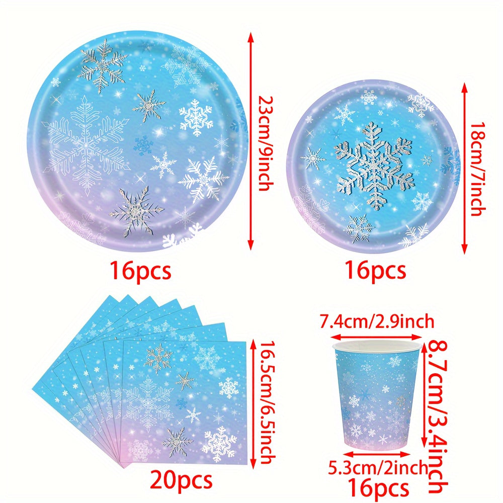 Winter Wonderland Party Supplies Set - Blue & Purple Snowflake Themed Tableware Kit with 68 Pieces, featuring Disposable Paper Plates, Cups, and Napkins for Christmas, New Year's, and Birthday Celebrations. Perfect for Festive Events and Essential for a