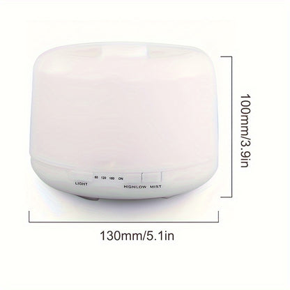 Aromatherapy humidifier with remote control and LED light, enhances mood and health with essential oils.