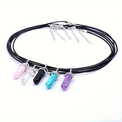 Set of 20 Artificial Crystal Hexagonal Column Quartz Pendants with Synthetic Gemstone Charms, Adjustable Leather Necklace Cords, Complete with Storage Bag for DIY Jewelry Making. Perfect for Gift Giving.