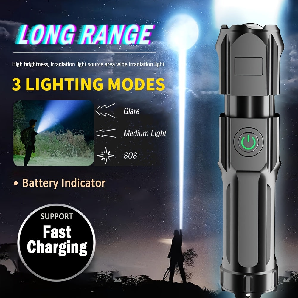 Rechargeable P50 LED flashlight with telescopic zoom and USB charging, 800mAh battery, non-waterproof. Ideal for outdoor activities, camping, and car repair.