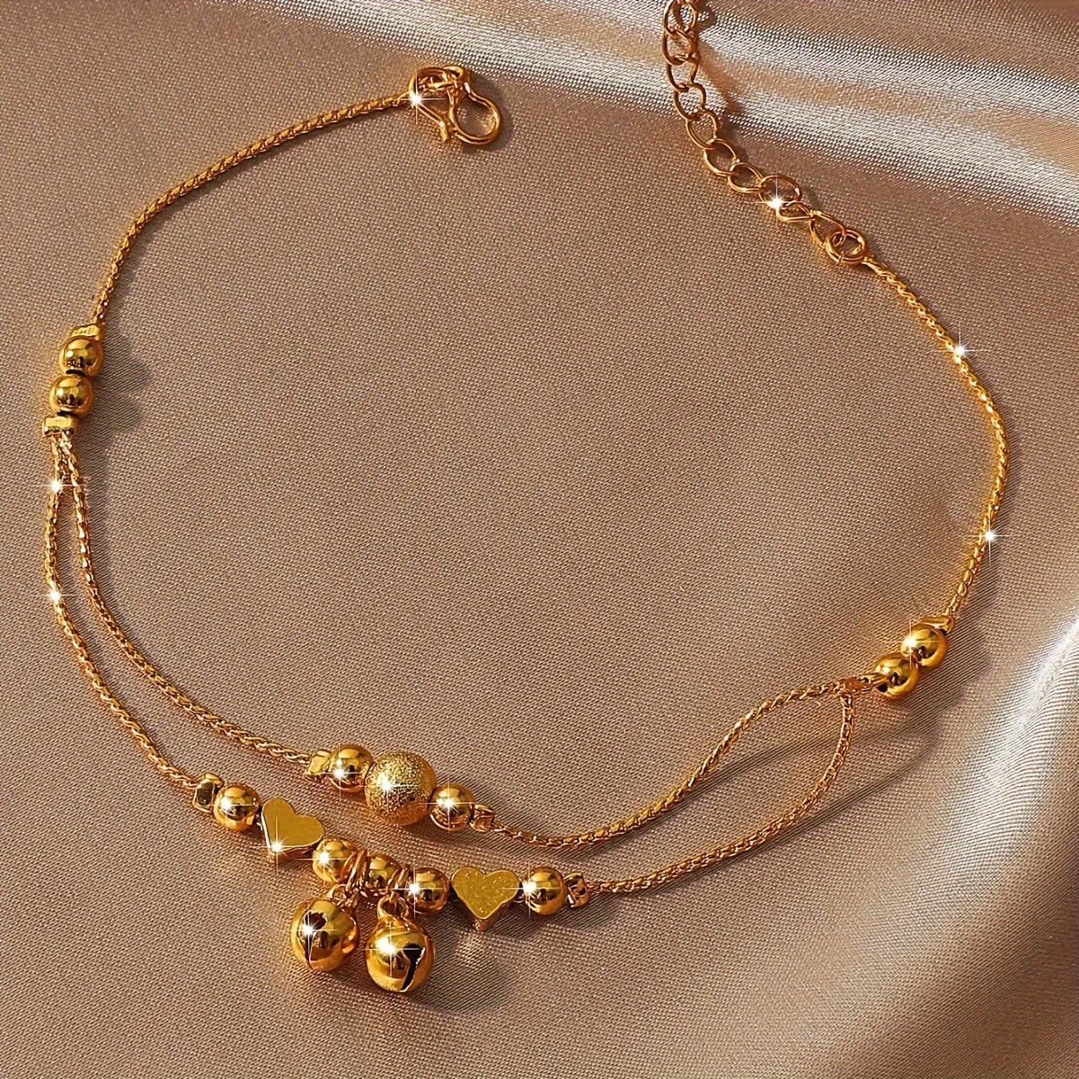 Classic and Elegant 24K Gold Plated Double Strand Anklet with Heart Charms and Bells, Made of Copper, No Mosaic Design, Perfect for Women, Ideal Fashion Jewelry for Weddings, Parties, and Year-round Wear