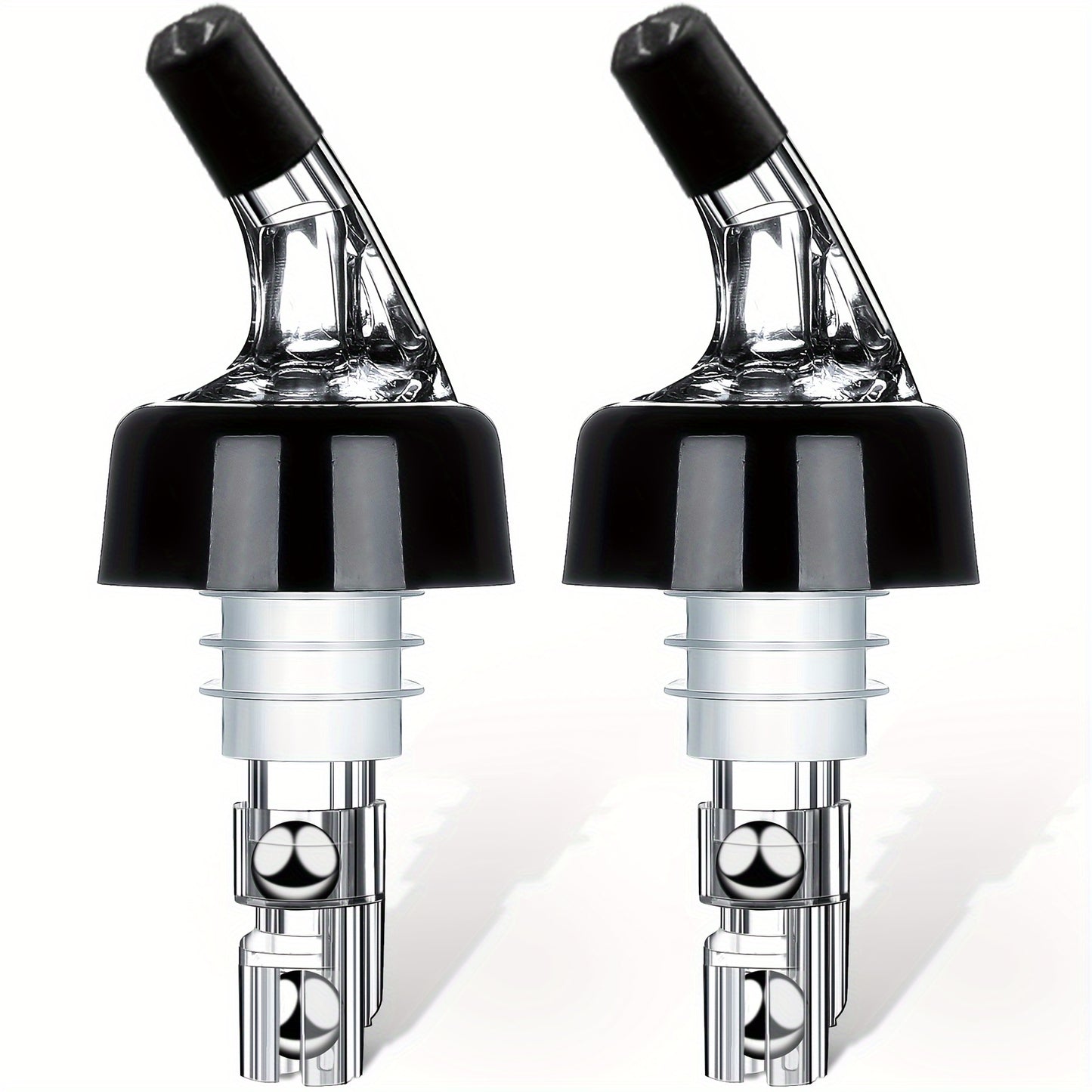 Two 1oz bottle pourers designed for dispensing alcohol, perfect for tequila, cocktails, and whiskey in a home bar. Ideal for bartenders.