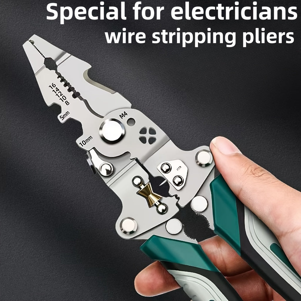 Foldable wire strippers for electricians with various functions like wire stripping, cutting, twisting pipes, and crimping terminals. Convenient folding design for easy storage. Suitable