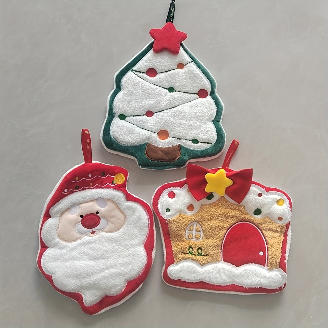 Christmas themed fingertip towels set with Santa, Christmas tree, and house designs. Made of polyester blend knit fabric, super absorbent and quick-drying. Machine washable and features hanging loops for kitchen and bathroom decor. Makes a great seasonal