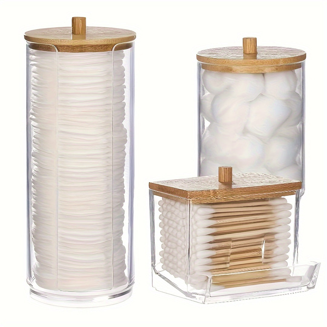 3-piece makeup organizer set with bamboo lids for bathroom vanity, dust-proof and portable with swab and pad holder.