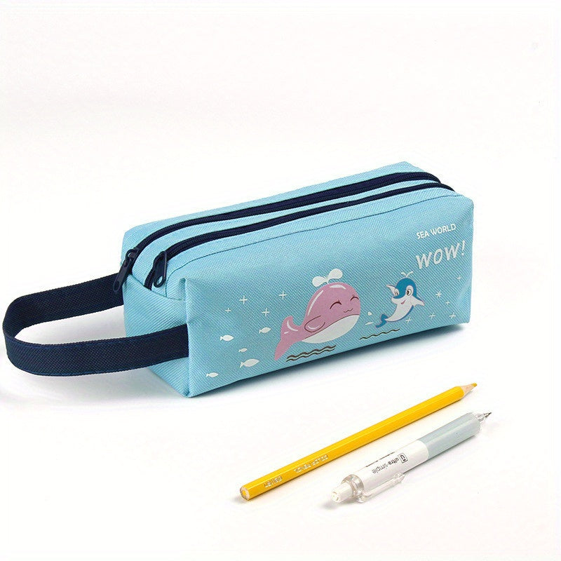 Space astronaut pencil case with cartoon animal design, double-layer canvas storage bag for school supplies.