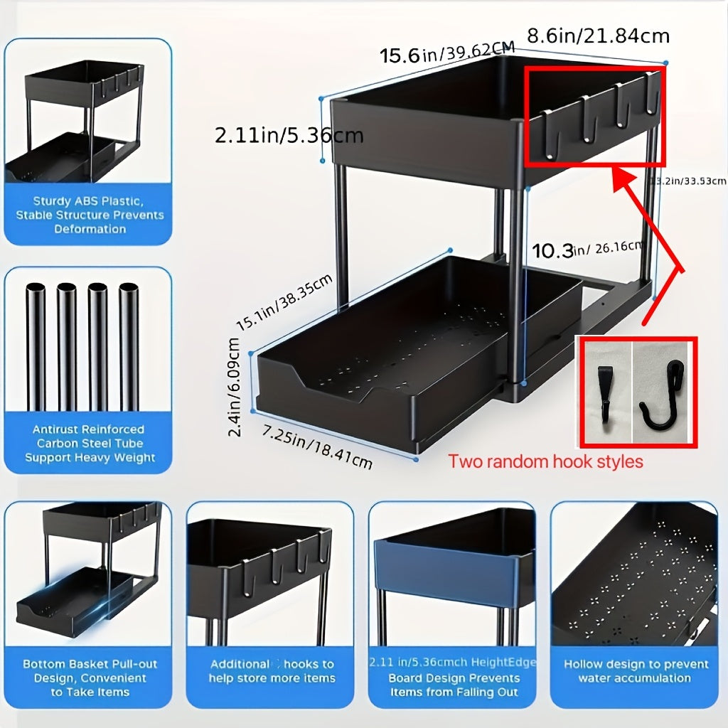 Pull-Out Drawer Under Sink Organizer with 2 Tiers, Plastic Sliding Cabinet Basket Featuring Hooks, Versatile Storage Rack for Bathroom and Kitchen, Ready to Use - No Assembly Needed