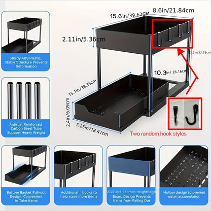 Pull-Out Drawer Under Sink Organizer with 2 Tiers, Plastic Sliding Cabinet Basket Featuring Hooks, Versatile Storage Rack for Bathroom and Kitchen, Ready to Use - No Assembly Needed