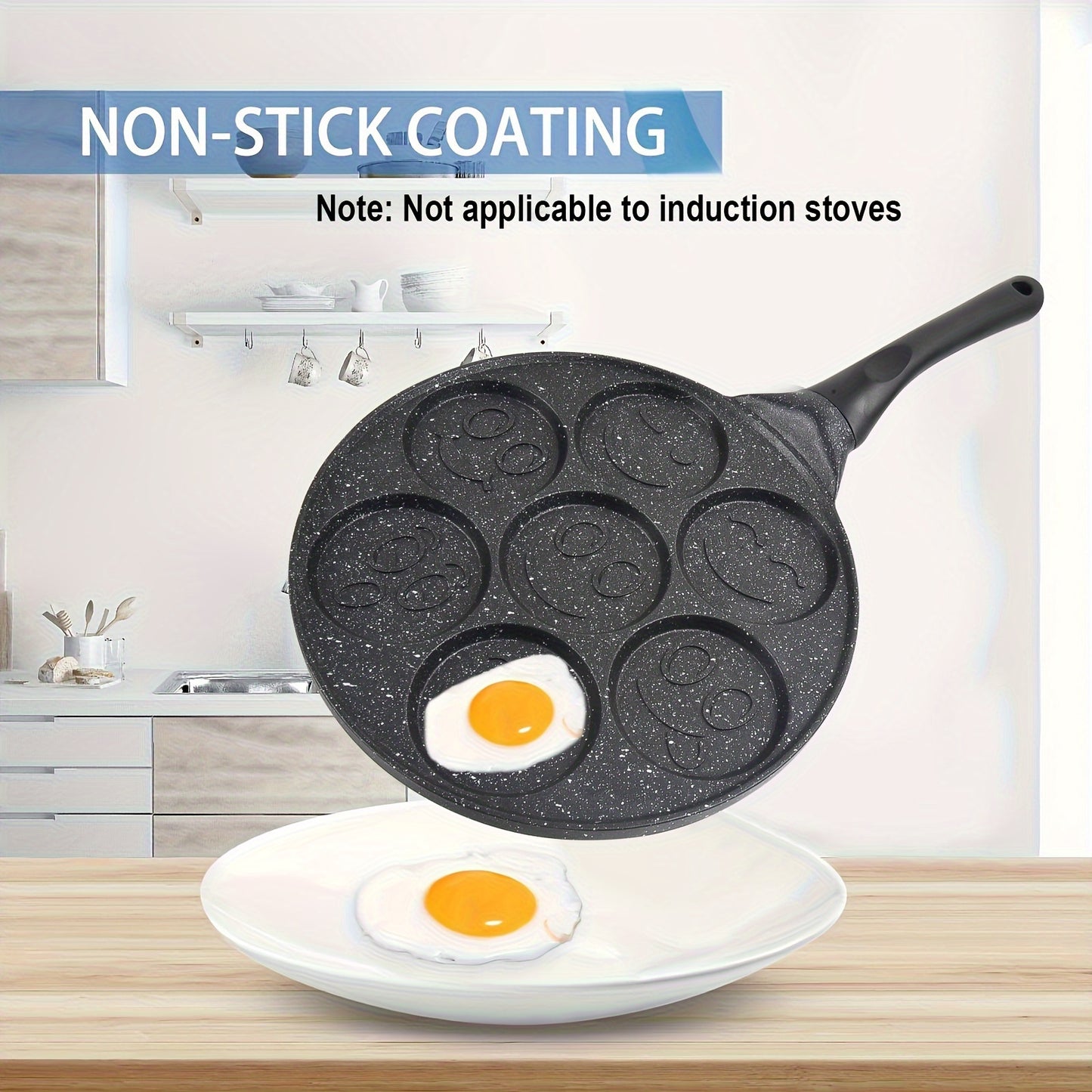 Non-stick pancake pan with 7 face molds for easy cleaning and perfect breakfasts.