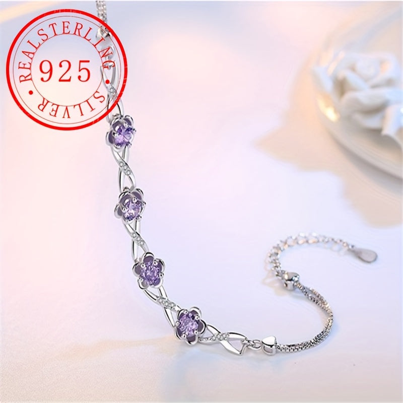 This bracelet is made of high-quality S925 silver, featuring a beautiful peach blossom design with plum blossom decoration and purple zirconia. It is perfect for everyday wear or as a thoughtful gift, weighing 5.2g/0.18oz.