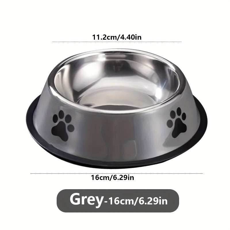 High-quality stainless steel pet bowl with non-slip base, easy to clean, ideal for dog and cat food or water, offered in three sizes.